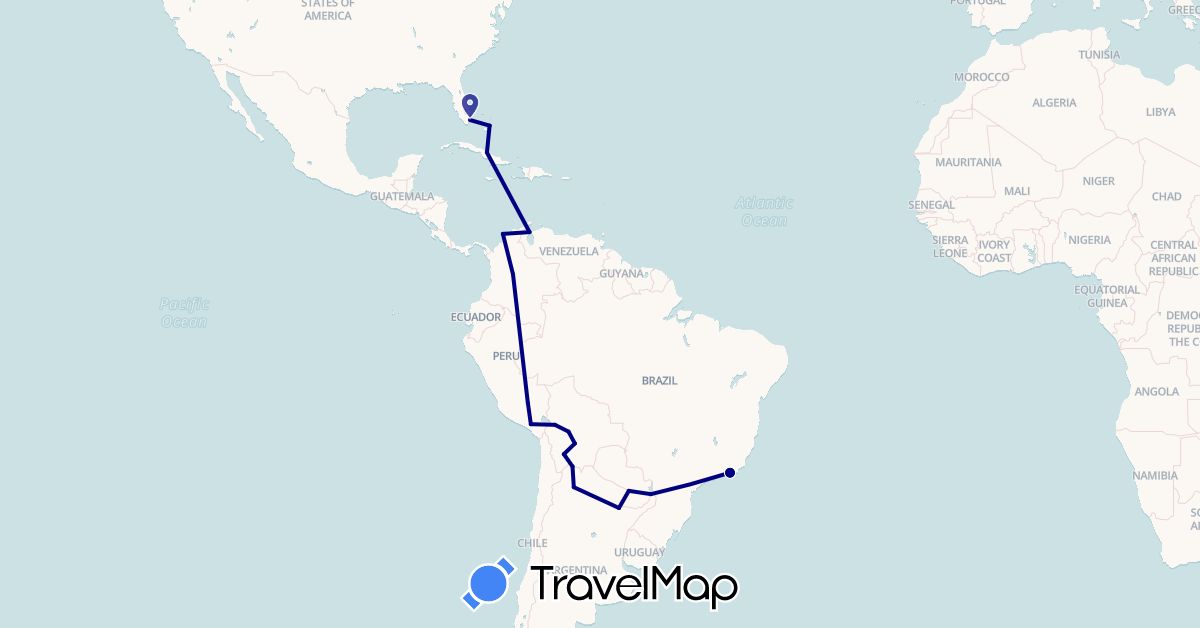 TravelMap itinerary: driving in Argentina, Bolivia, Brazil, Bahamas, Colombia, Cuba, Peru, Paraguay, United States, Venezuela (North America, South America)